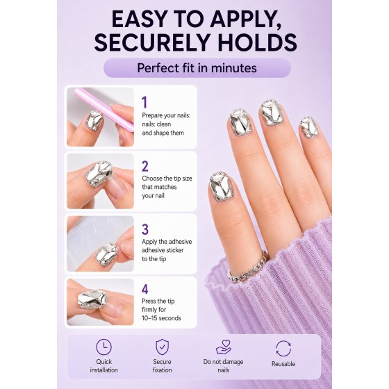 Silver Metallic Mirror Rhinestone Press‑On Nails, Luxury Medium‑Long Almond False Nails